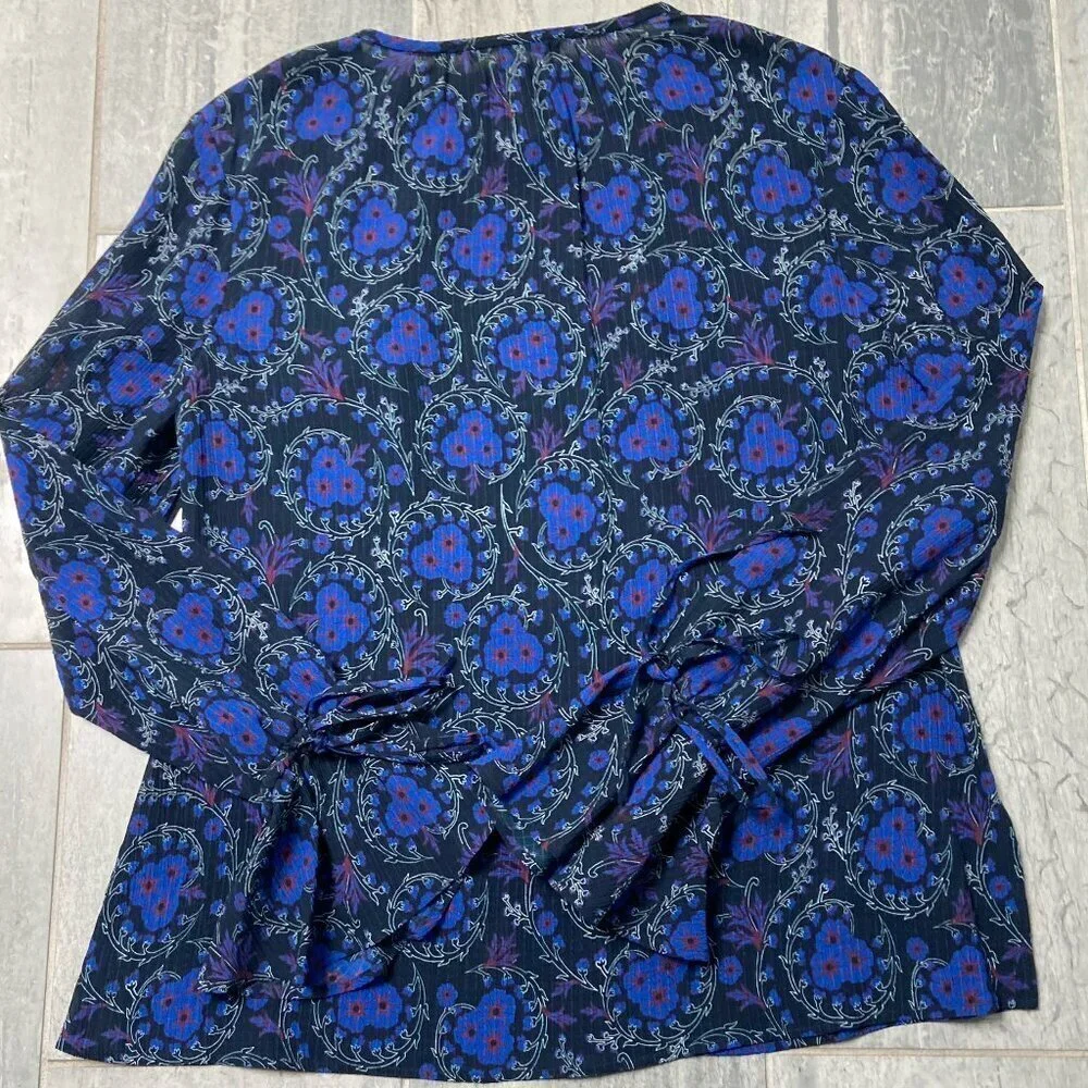 Derek Lam 10 Crosby Poet Floral Sheer Ruffle Sleeve Silk Blouse Blue Black Sz 6 - Picture 6 of 10